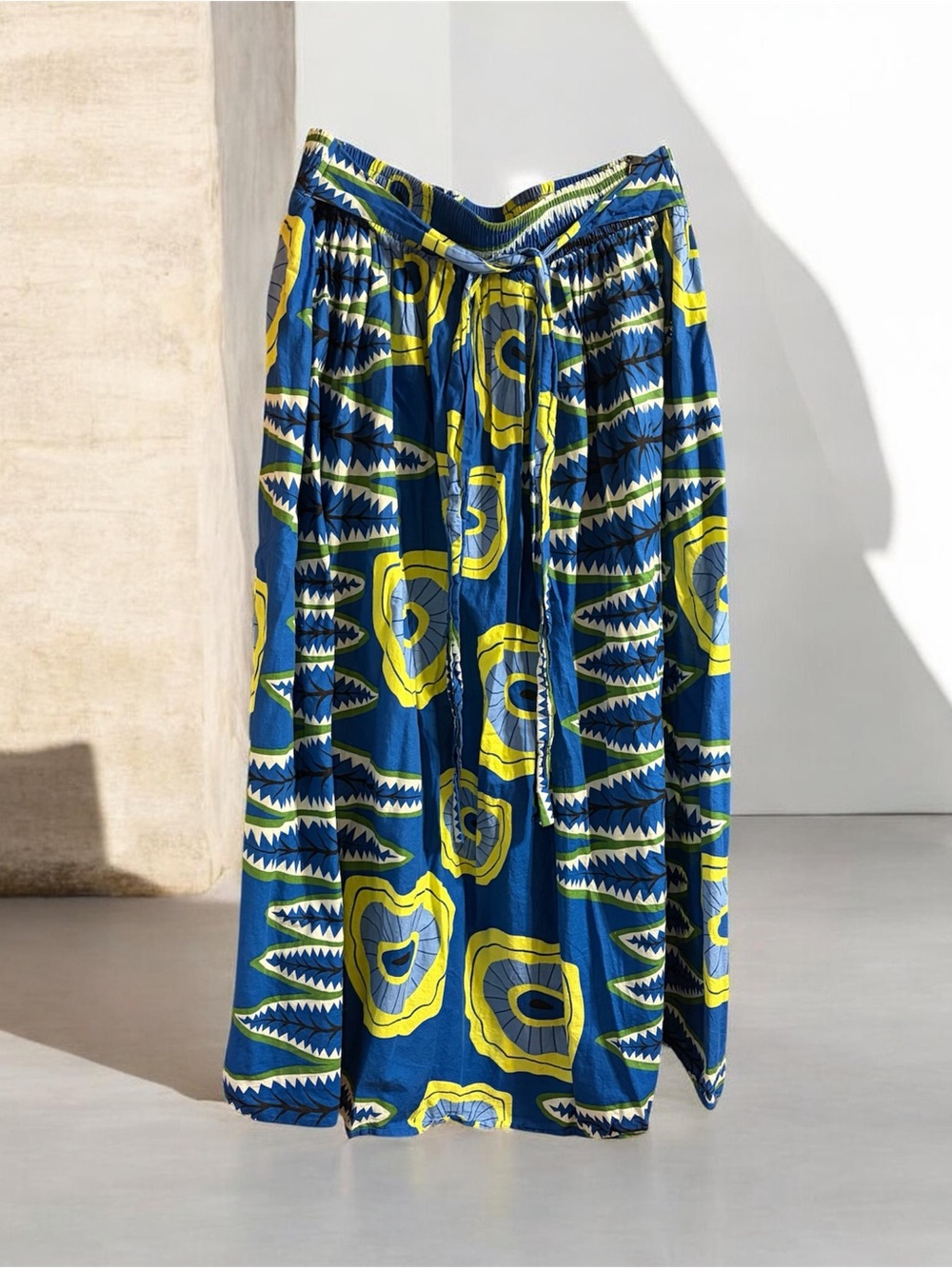 Blue and Yellow Printed Maxi Skirt with Drawstring Waist